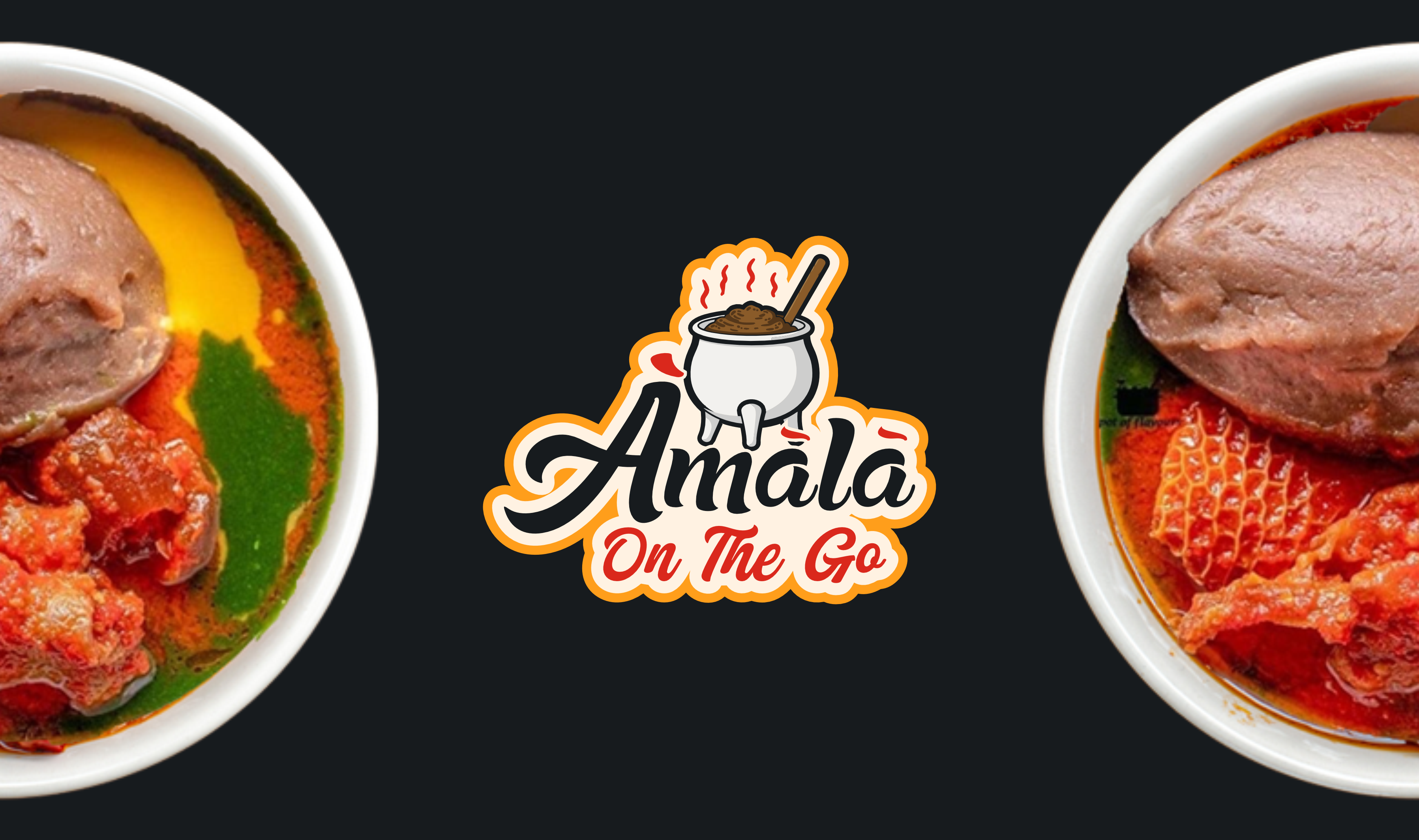 Two bowls of amala and stew beside the Amala On The Go logo mark