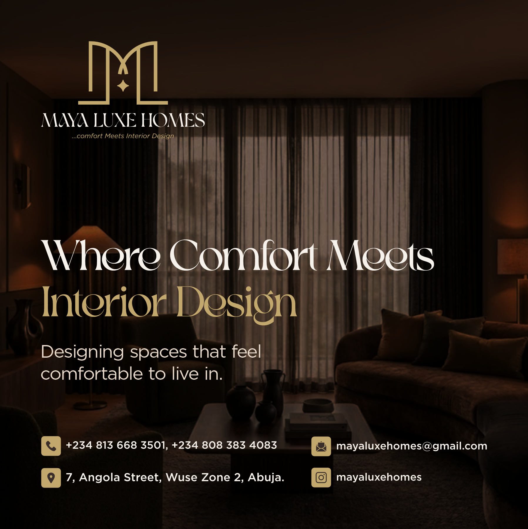 Warm, dimly lit living room interior with the Maya Luxe Homes logo