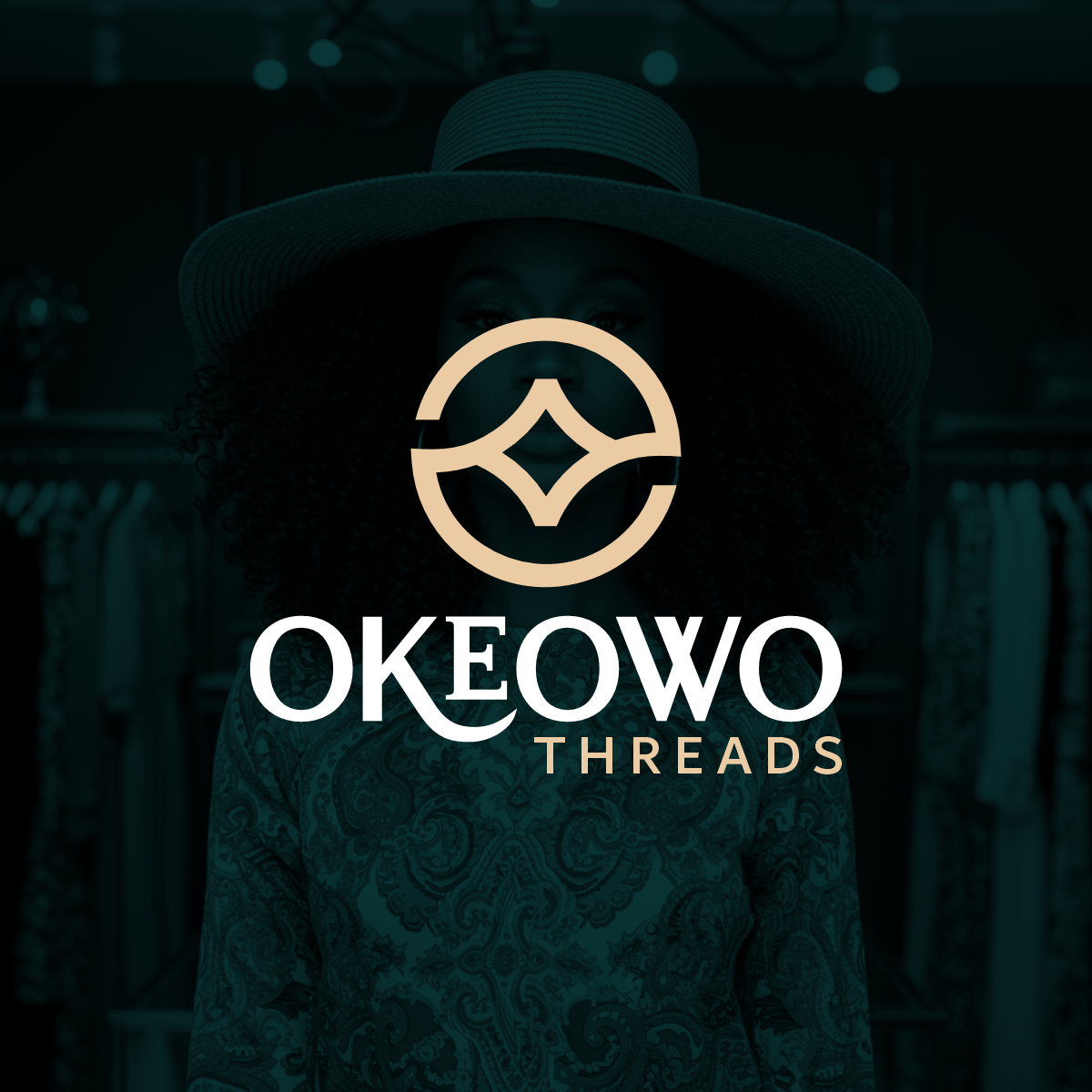 Model in a patterned dress and hat beneath the Okeowo Threads logo